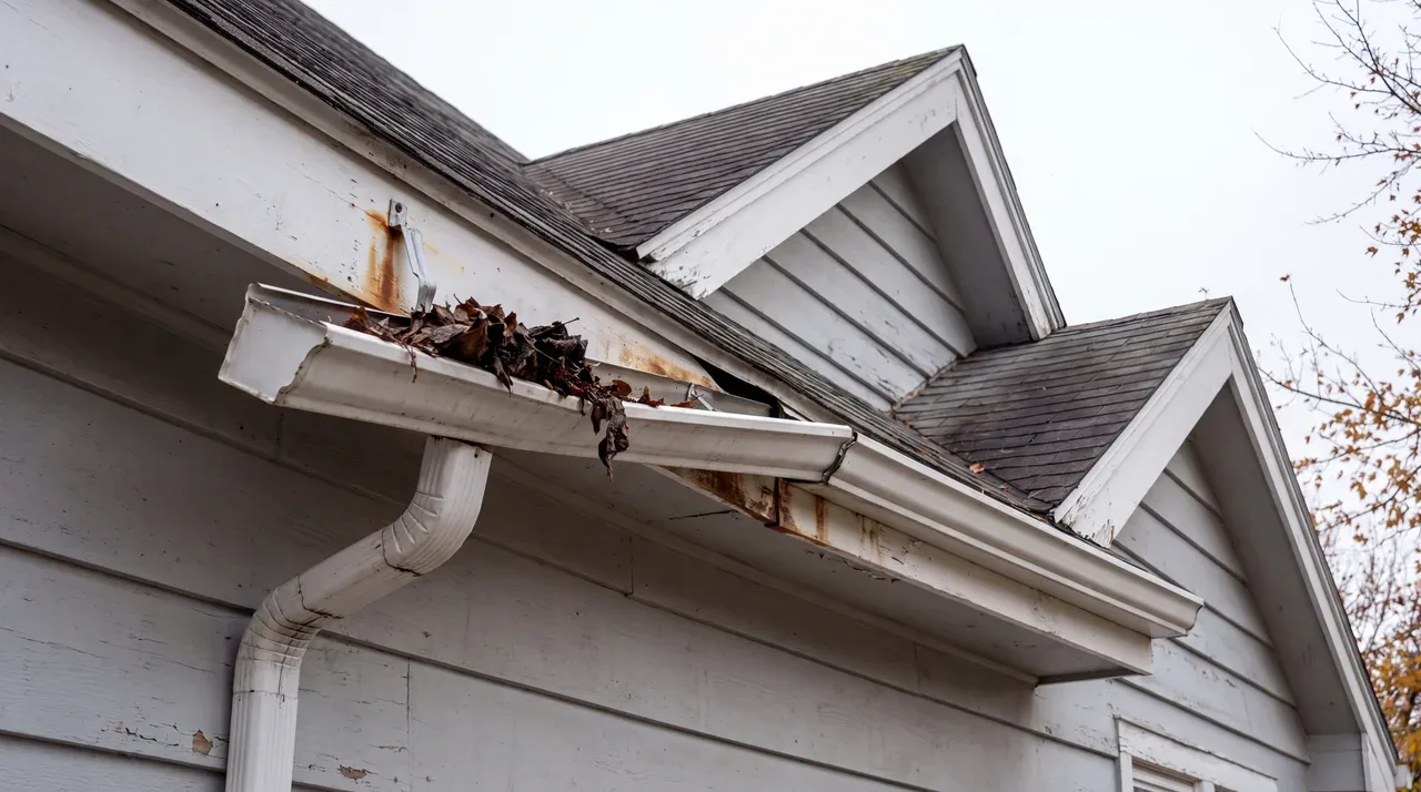 A sagging, leaf-clogged gutter pulling away from the fascia