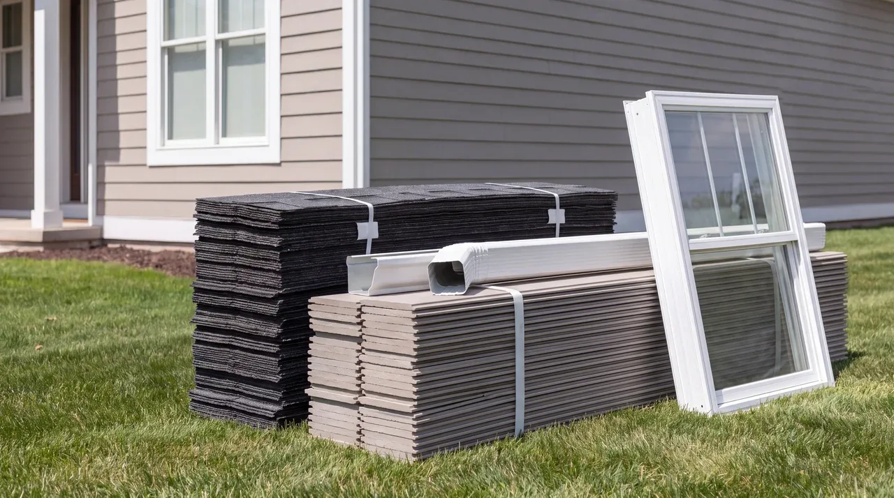 Roofing shingles, siding planks, a gutter section and a window unit staged on a lawn