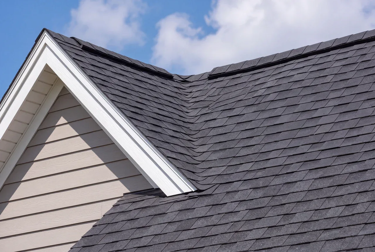 Close view of newly laid architectural asphalt shingles and ridge cap
