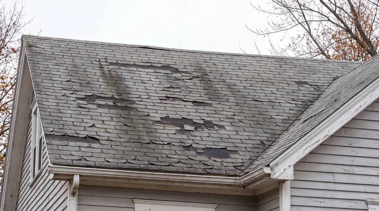 An ageing asphalt shingle roof with curled, cracked and missing shingles