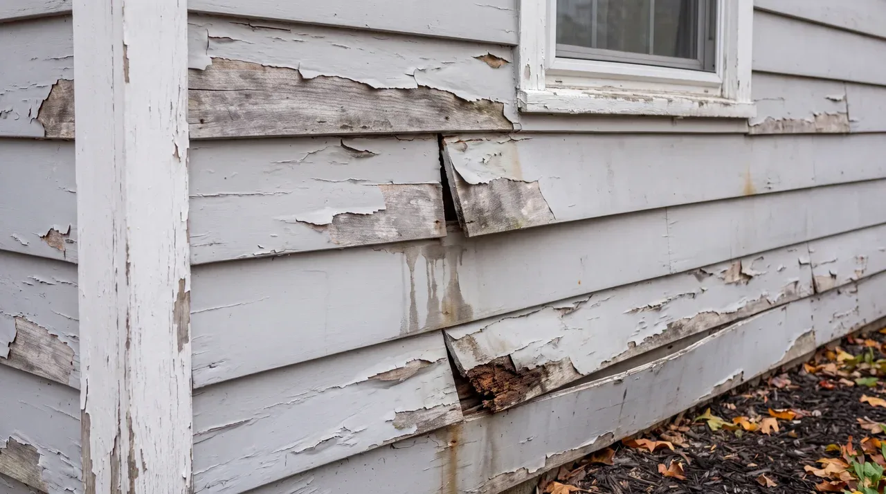 Weathered lap siding with peeling paint, cupped boards and an open joint