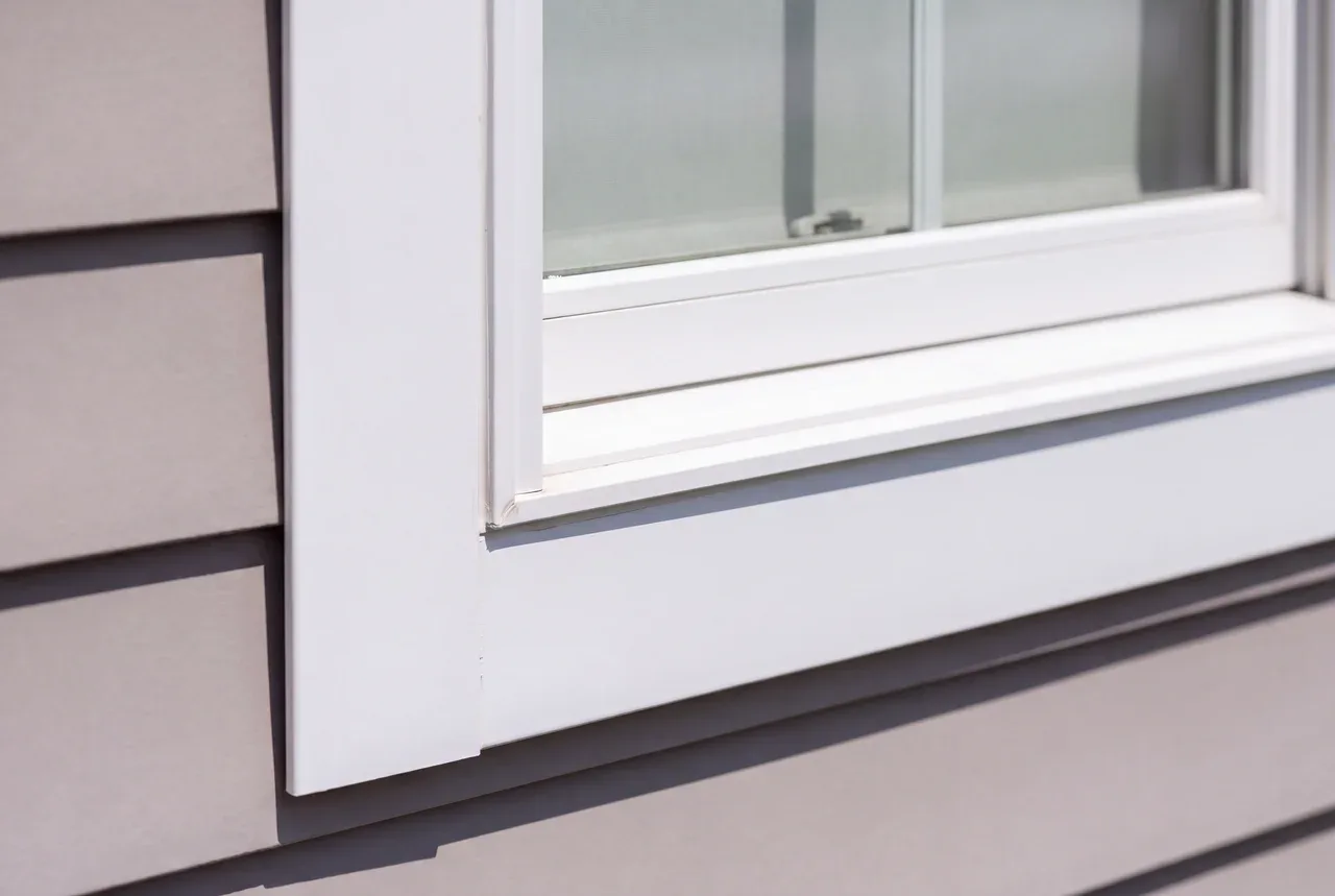 Close view of a new double-hung window frame, grille and casing