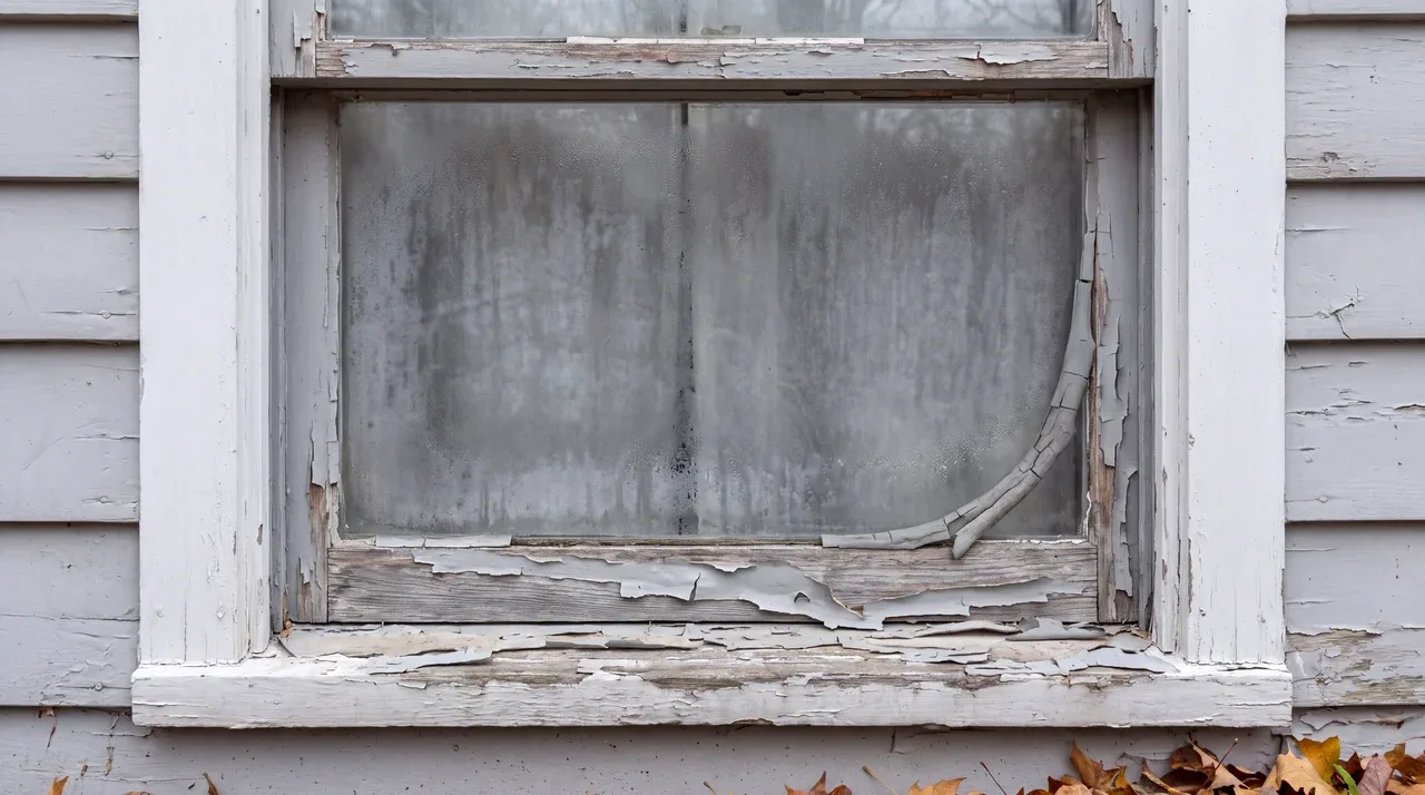An old window with a failed seal, fogged glass and peeling paint